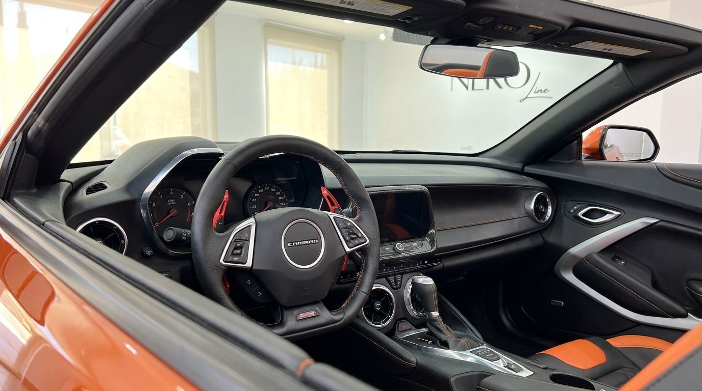 The interior of the Chevrolet Camaro Cabriolet 6.2 in Alicante, showing the black dashboard, steering wheel, and orange-accented seats.