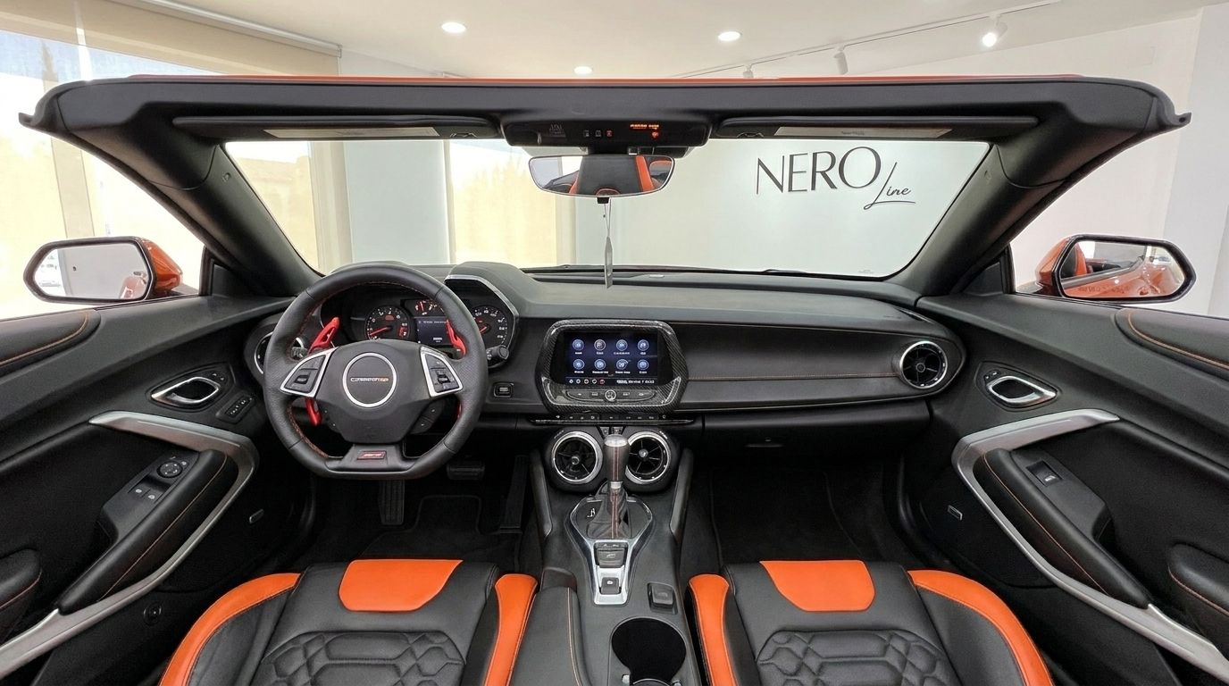 The Chevrolet Camaro Cabriolet 6.2 interior features a black dashboard with orange-accented seats and a steering wheel, visible in Alicante.