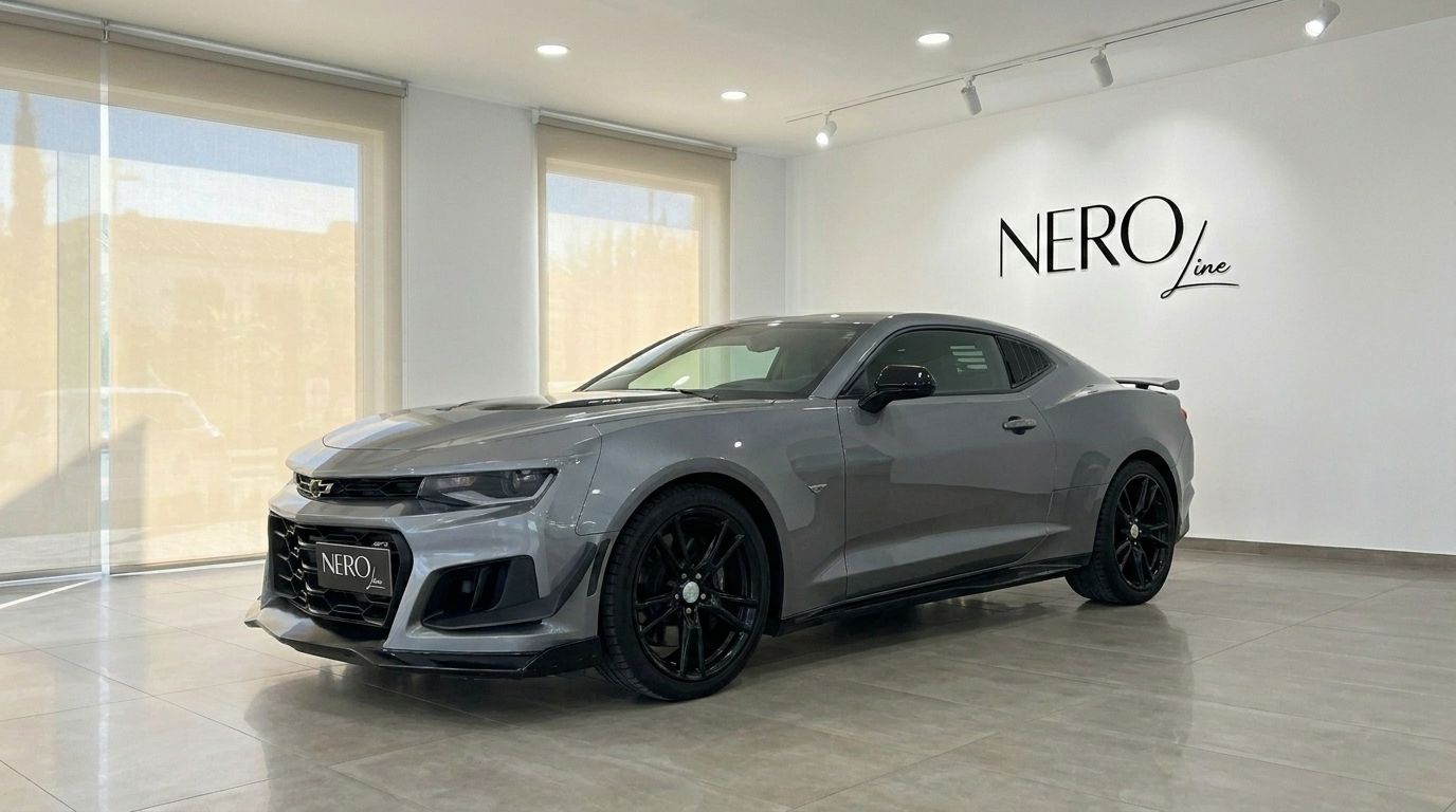 O elegante Chevrolet Camaro 2020 cinza é exibido em uma vista frontal de três quartos dentro de um showroom iluminado em Alicante.