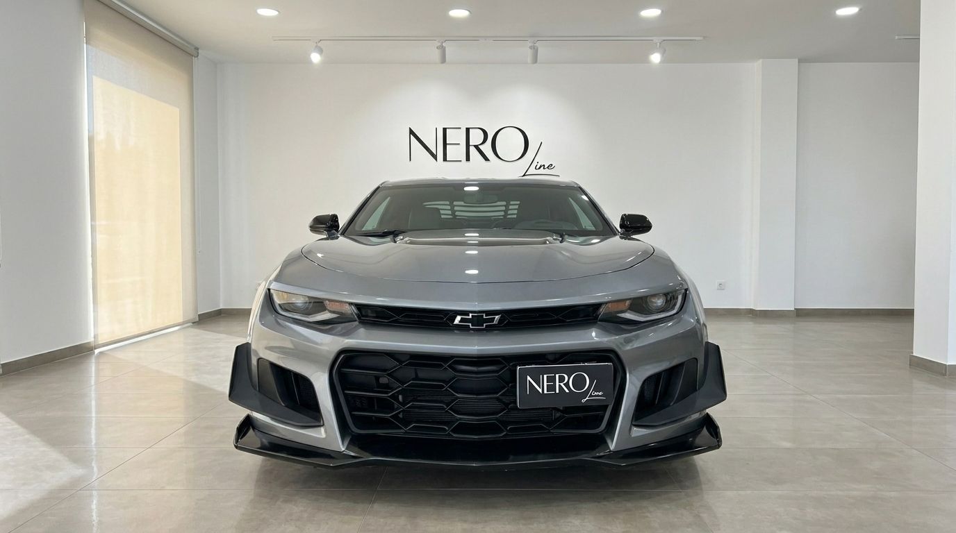 O Chevrolet Camaro 2020 cinza é exibido de frente num showroom iluminado em Alicante.