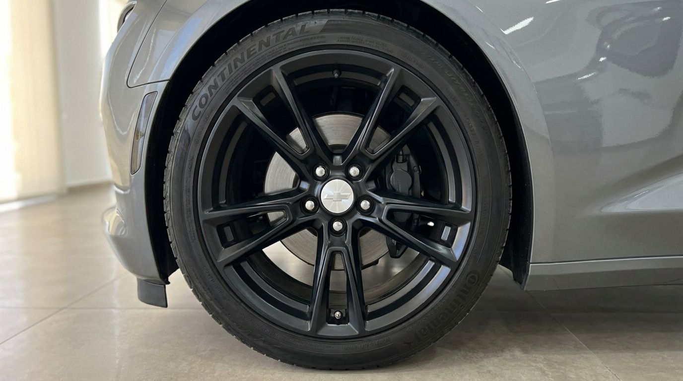 Close-up da roda dianteira de um Chevrolet Camaro cinzento, com jantes pretas multiraios e pneus Continental em Alicante.