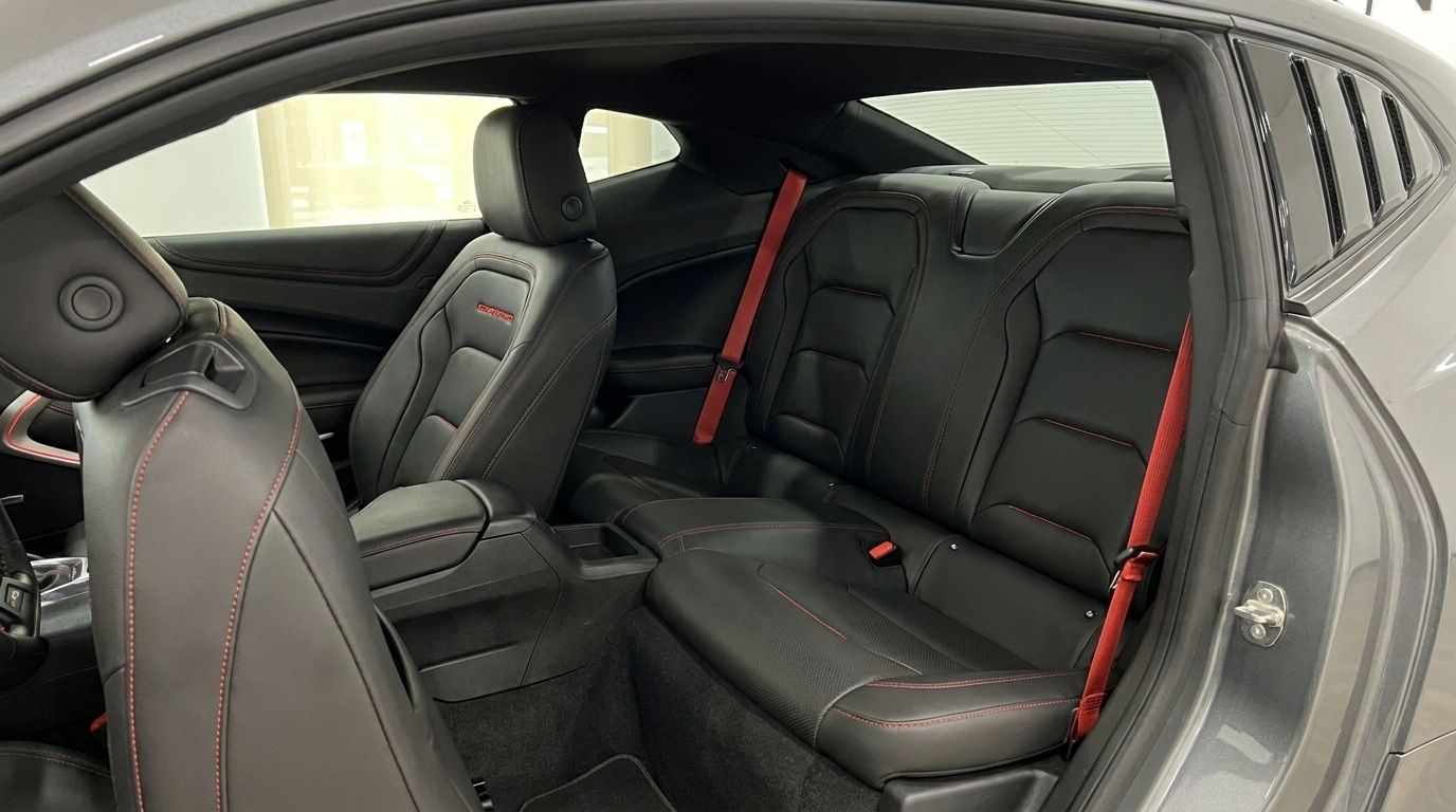 O luxuoso interior em couro preto do Chevrolet Camaro em Alicante apresenta costuras vermelhas e cintos de segurança desportivos vermelhos.