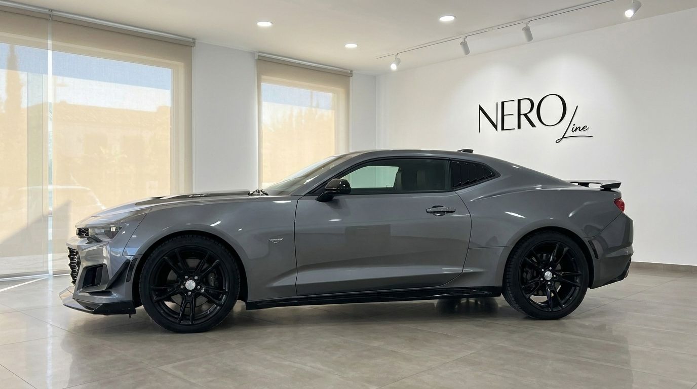 O elegante Chevrolet Camaro 2020 cinza é exibido num showroom luminoso em Alicante, mostrando o seu perfil lateral dinâmico.