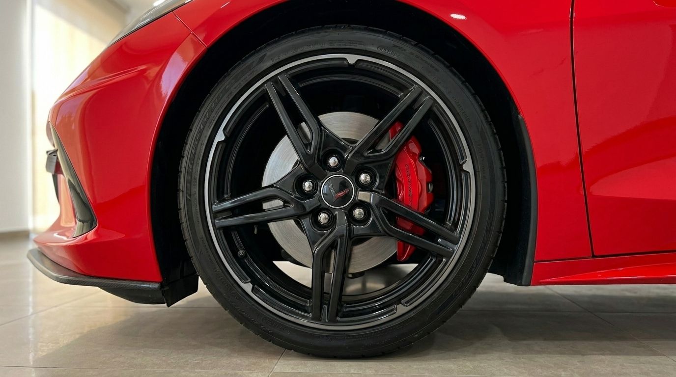 A roda dianteira do Chevrolet Corvette Stingray C8 vermelho, com jantes pretas de múltiplos raios e pinças de travão vermelhas, visível em Alicante.