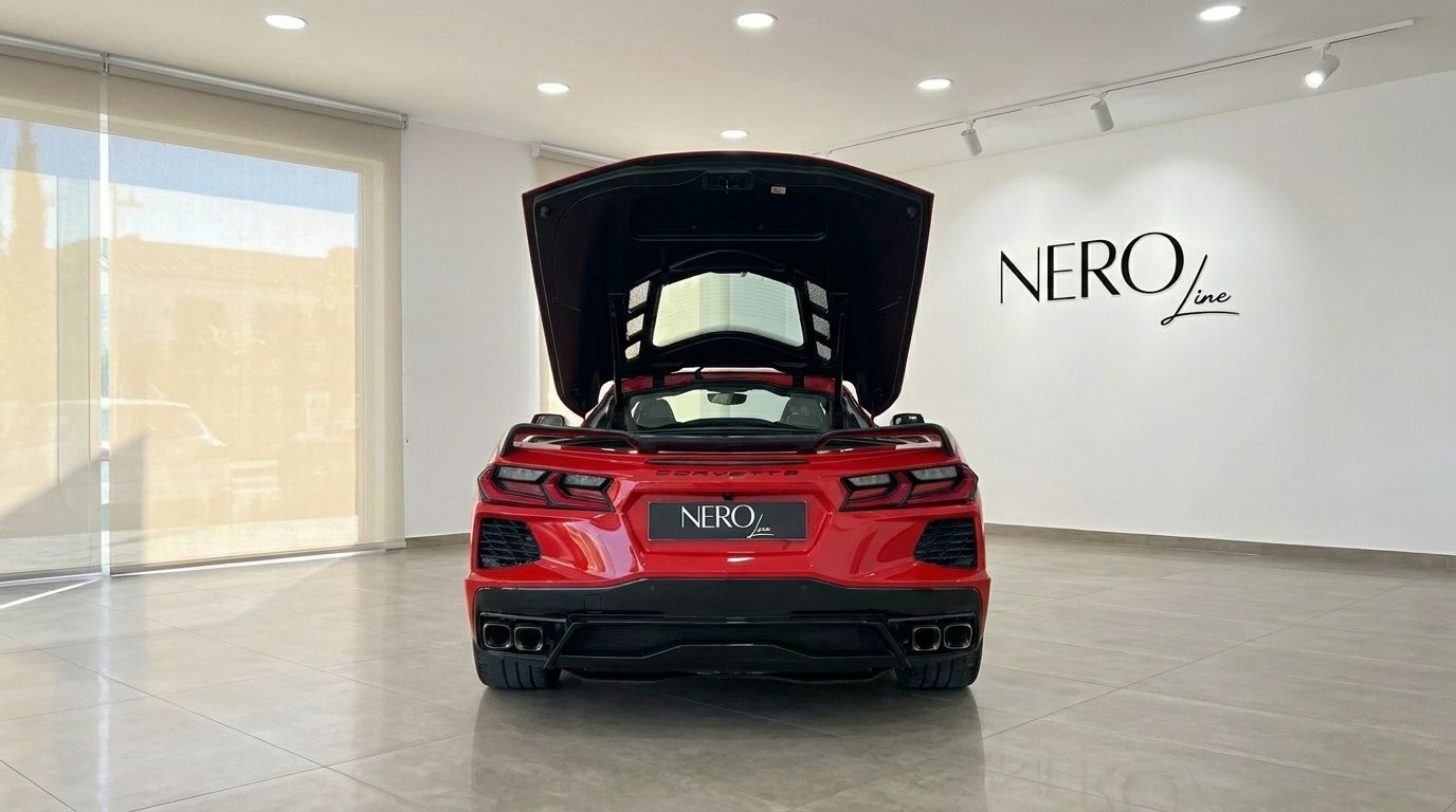 O Chevrolet Corvette Stingray C8 vermelho é exibido pela traseira com o compartimento do motor aberto num showroom em Alicante.