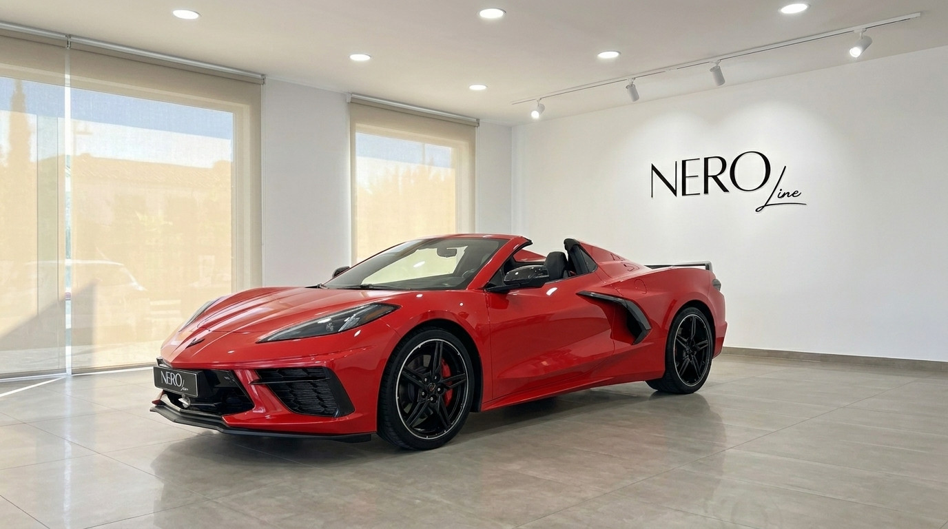 Chevrolet Corvette Stingray C8 — Descapotável vermelho O Chevrolet Corvette Stingray C8 descapotável vermelho está estacionado num stand em Alicante, exibindo o seu design elegante.