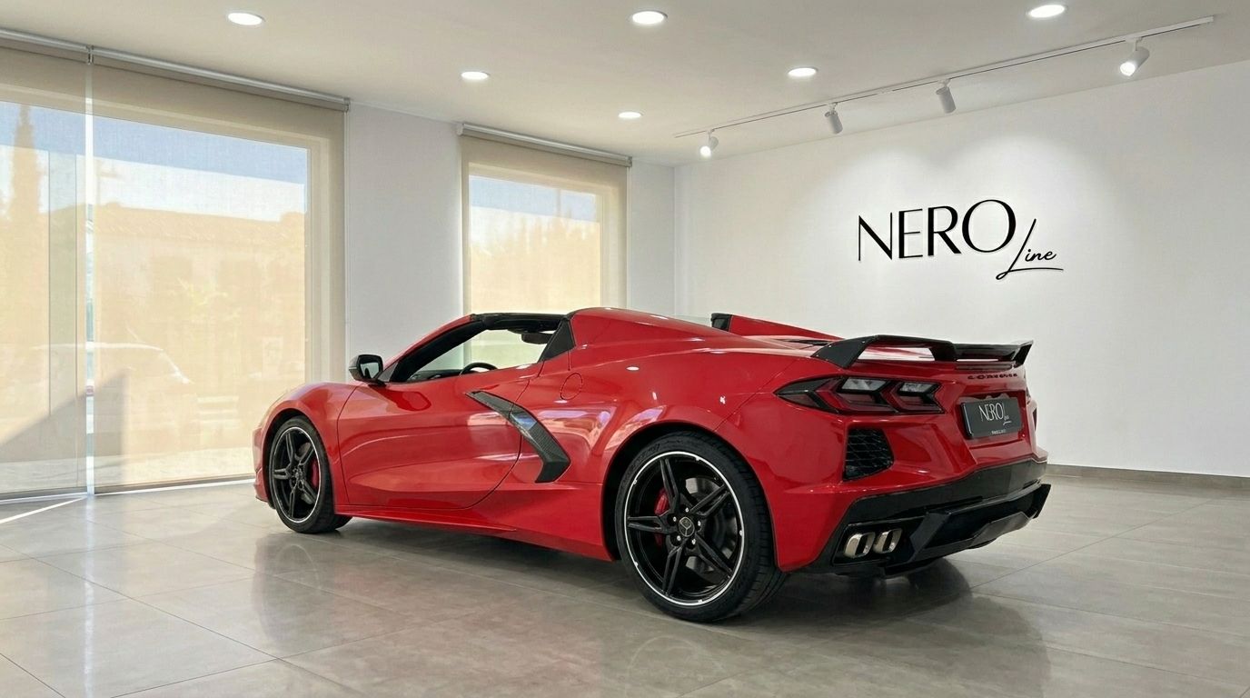 O Chevrolet Corvette Stingray C8 vermelho de corrida está estacionado num showroom, exibindo a sua elegante vista traseira de três quartos em Alicante.