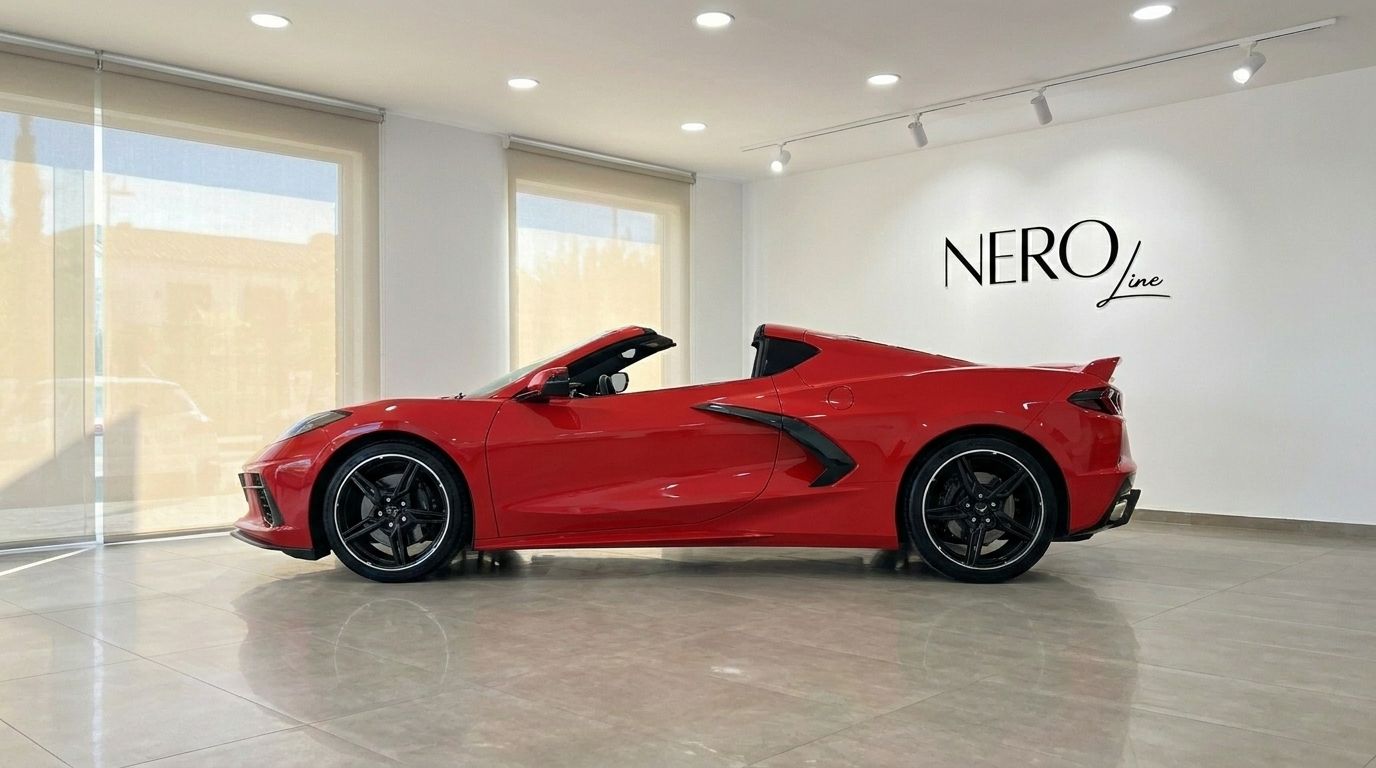 Chevrolet Corvette Stingray C8 vermelho descapotável com a capota recolhida, visto de lado num showroom em Alicante.