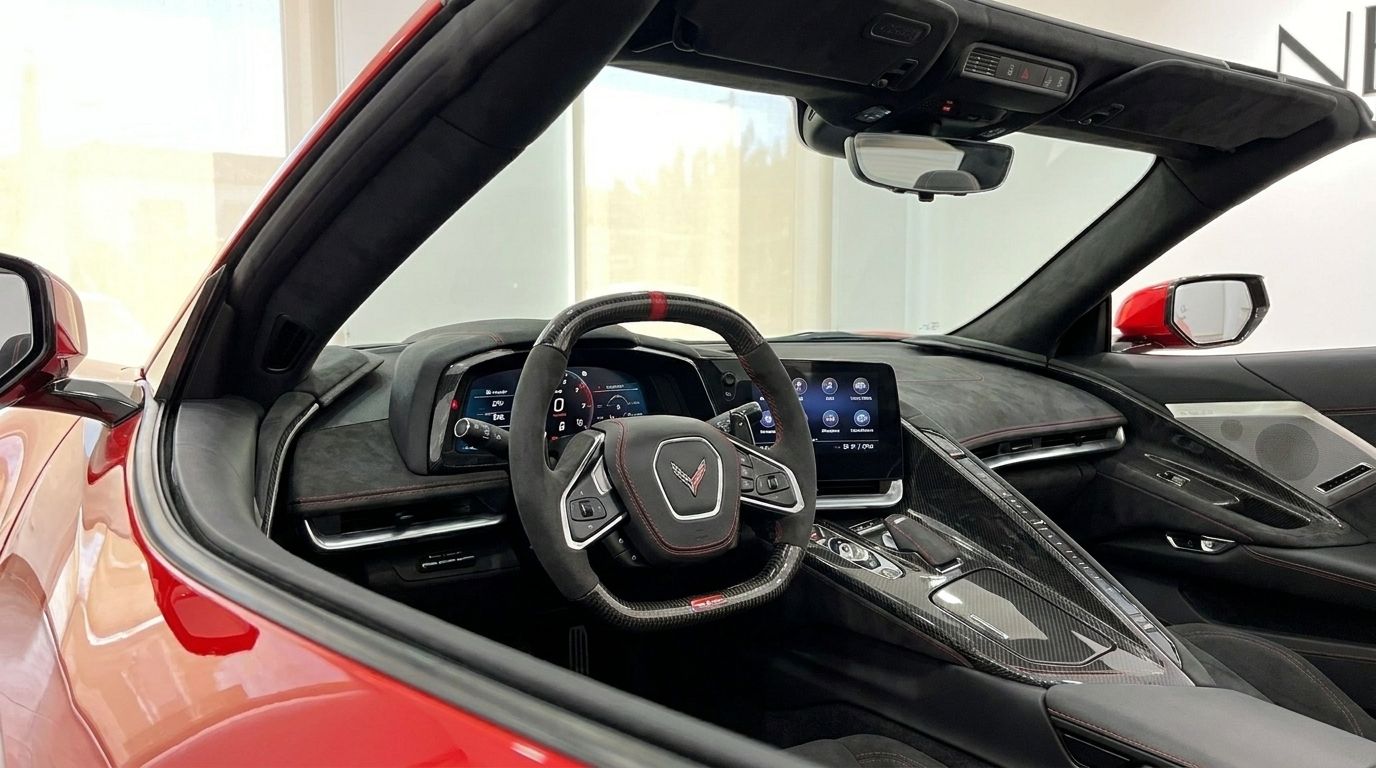 O interior luxuoso do Chevrolet Corvette Stingray C8 em Alicante, exibindo os detalhes em vermelho, o volante e o painel.
