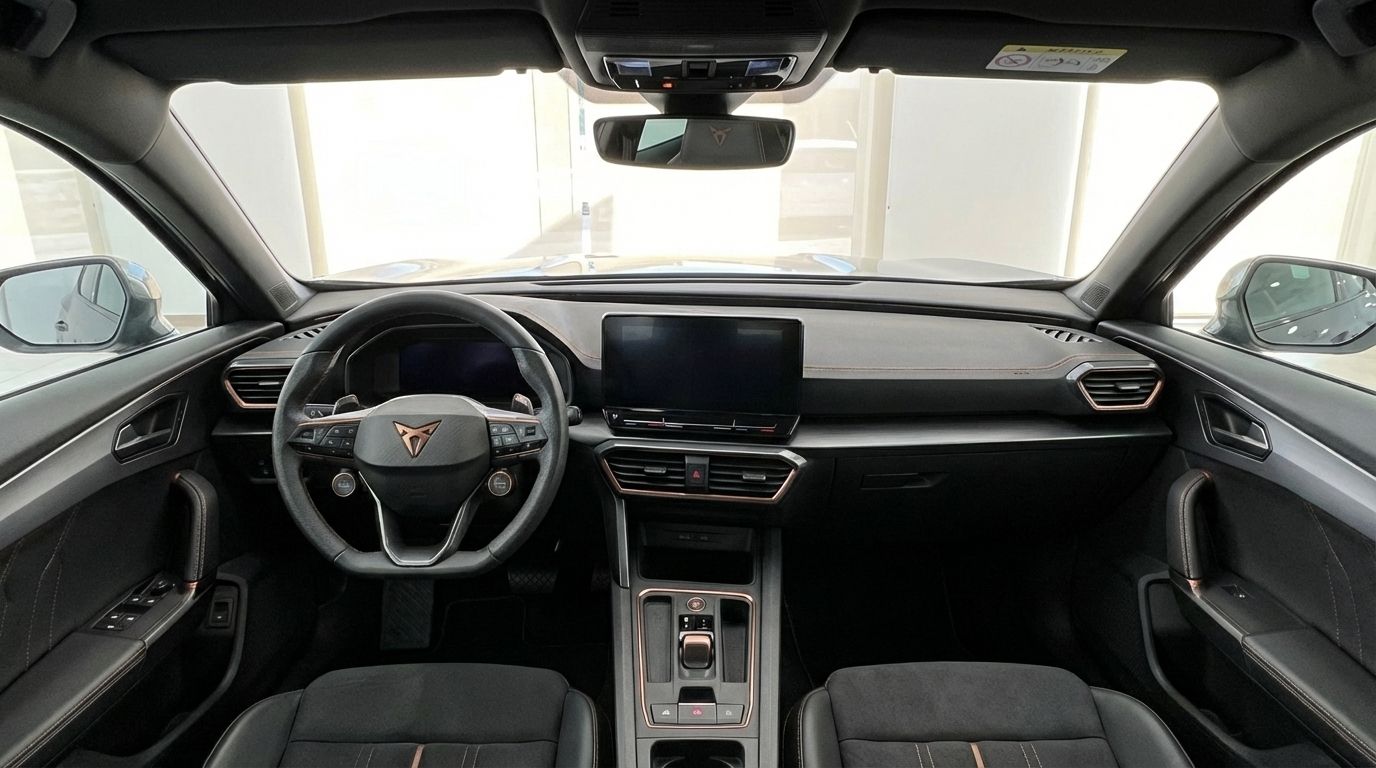 L'interno lussuoso della Cupra Formentor VZ a Marbella, che mostra il suo moderno cruscotto, volante e sistema di infotainment con distintivi accenti color rame.
