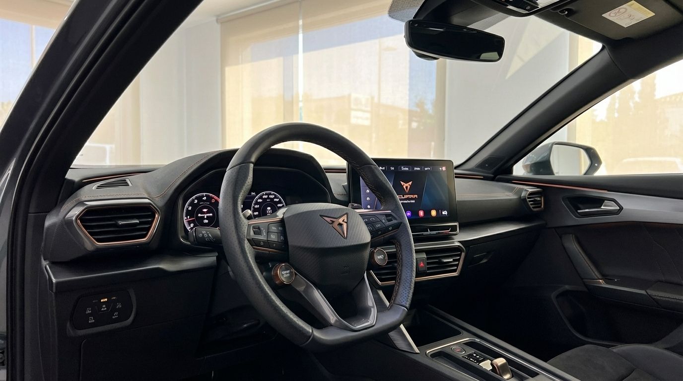 L'abitacolo del conducente del Cupra Formentor VZ 2023 a Marbella, che mostra il volante, il cruscotto digitale e lo schermo di infotainment.
