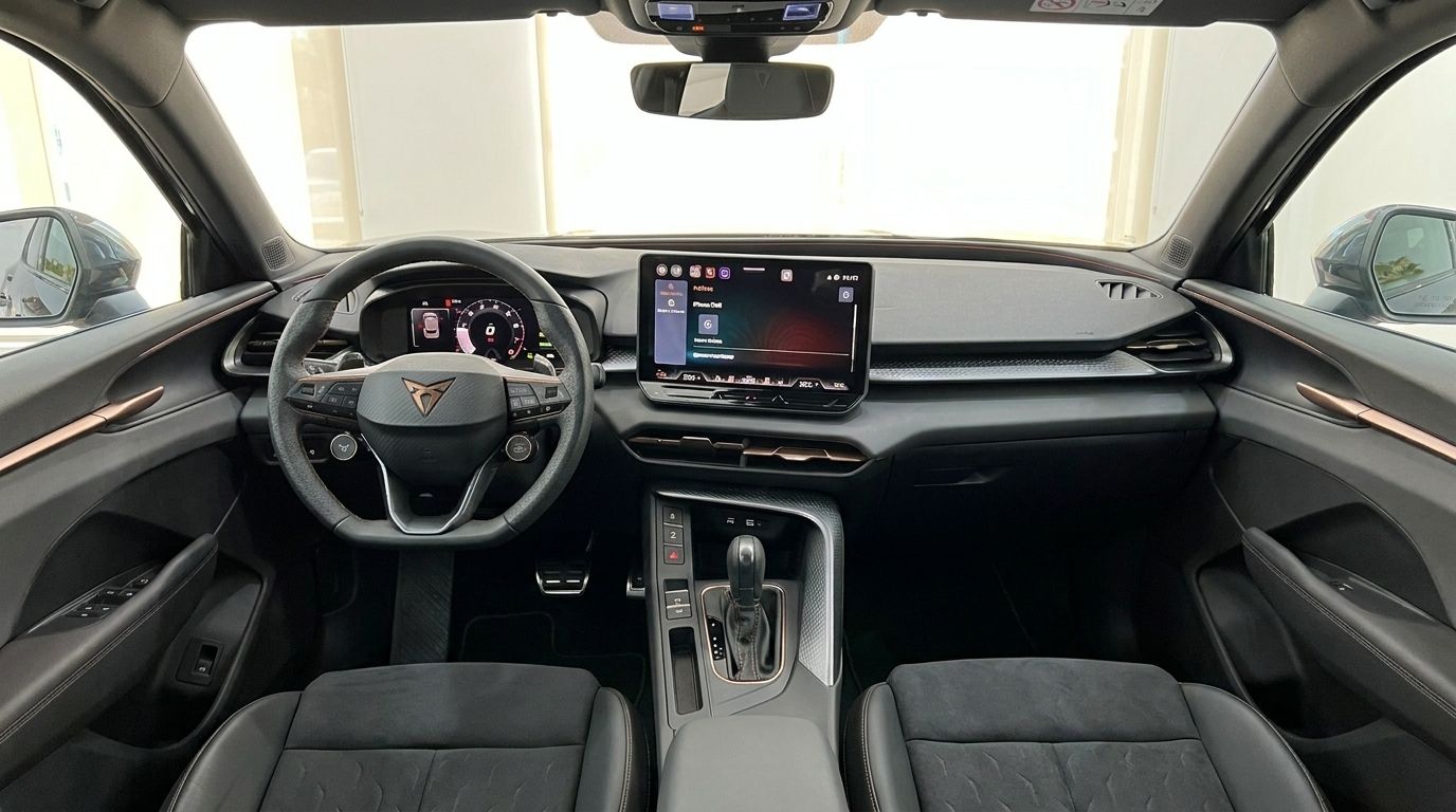 Das moderne Cockpit und Armaturenbrett des Cupra Terramar in Alicante, mit großem Infotainment-Bildschirm und Multifunktionslenkrad.