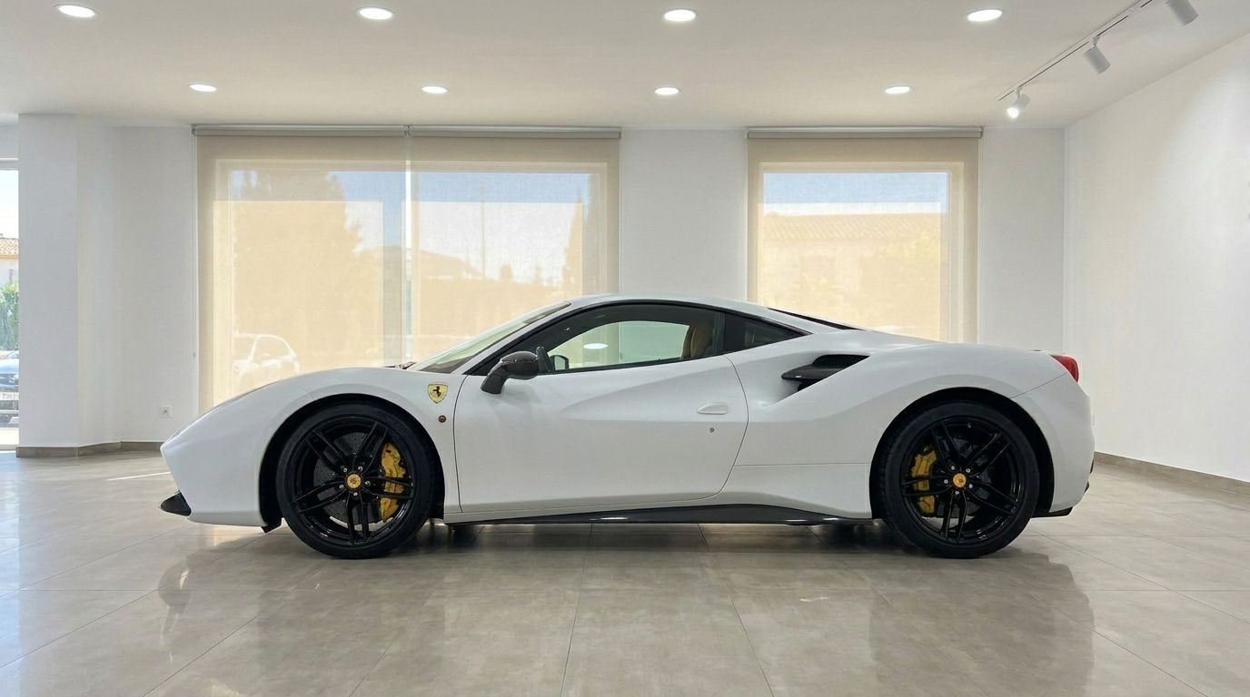 A matte white Ferrari 488 GTB is parked, showcasing its sleek side profile in a brightly lit showroom in Madrid.