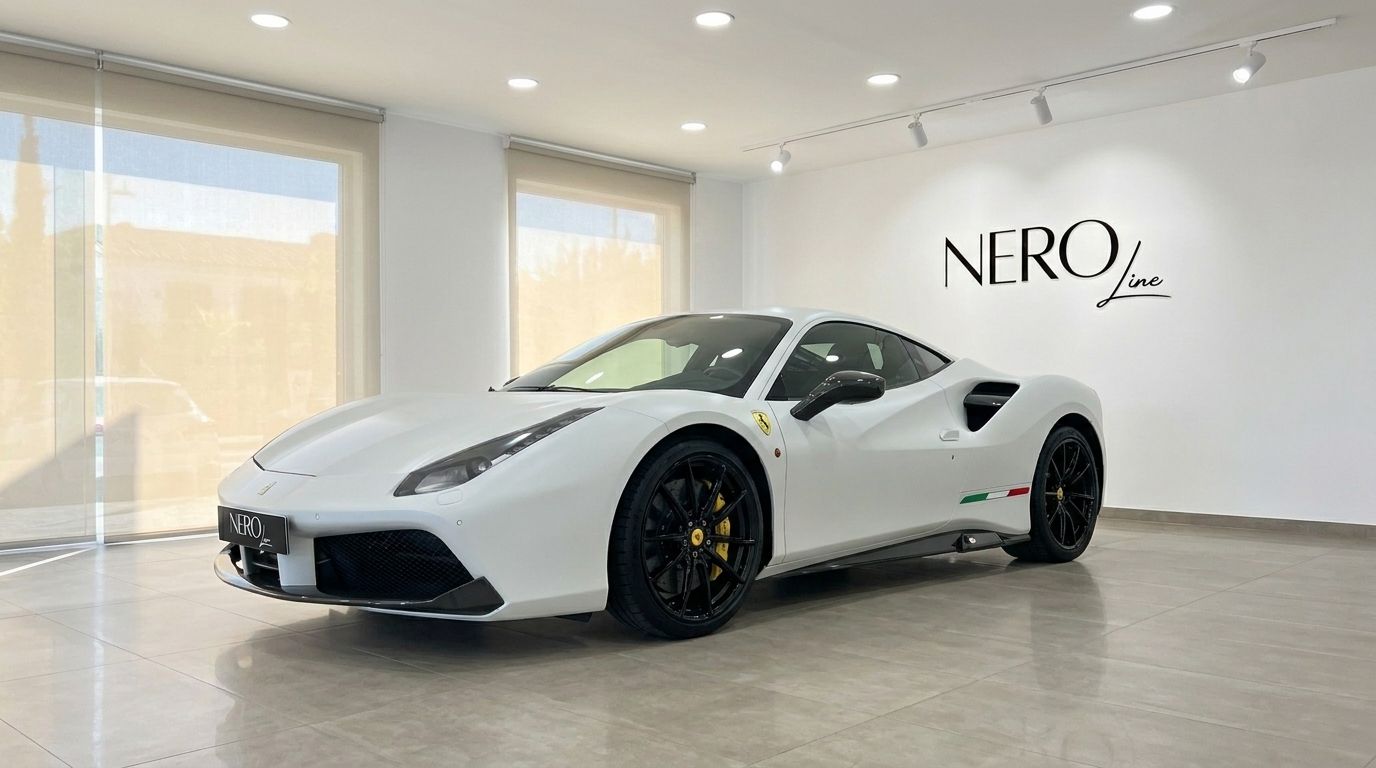 A matte white Ferrari 488 GTB is showcased from a front three-quarter view in a modern showroom with the Nero Line logo in Madrid.