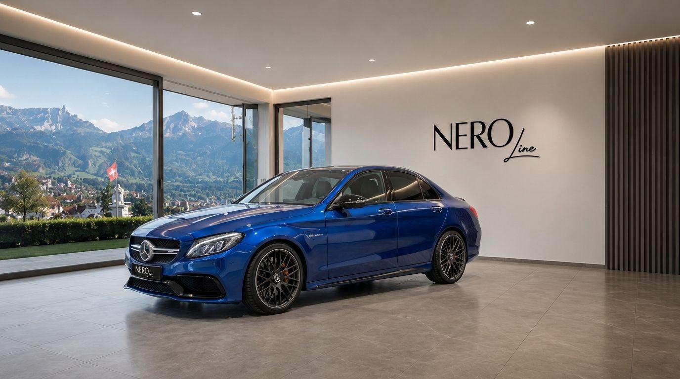 A blue Mercedes-Benz C63S AMG, front three-quarter view, in a showroom with panoramic mountain and town views in Zurich.
