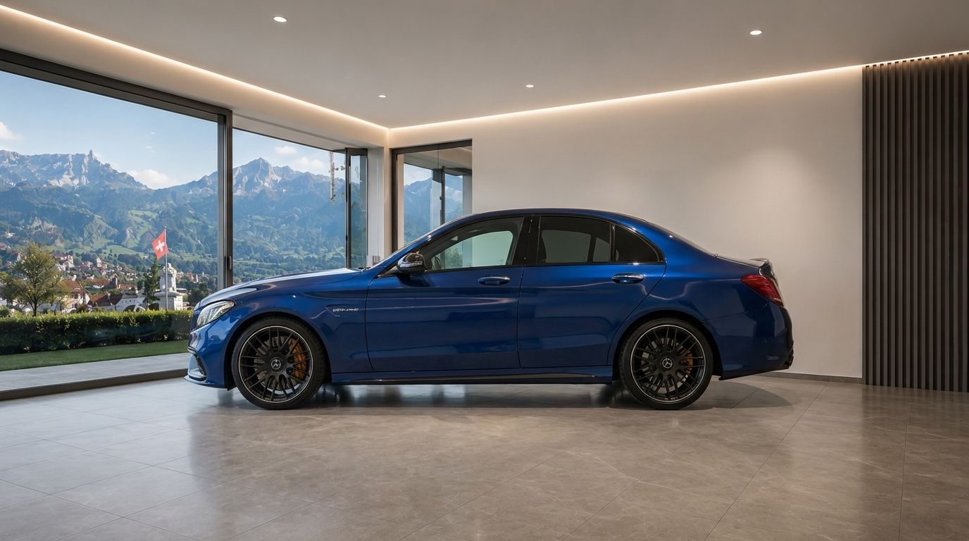 A blue Mercedes-Benz C63S AMG sedan is parked indoors, displaying its sleek side profile against a stunning Zurich mountain view.