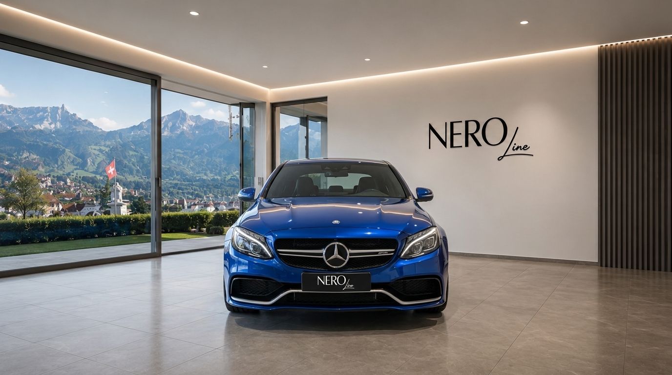 A blue Mercedes-Benz C63S AMG is parked front-on in a modern Zurich showroom, with stunning mountain and town views outside.