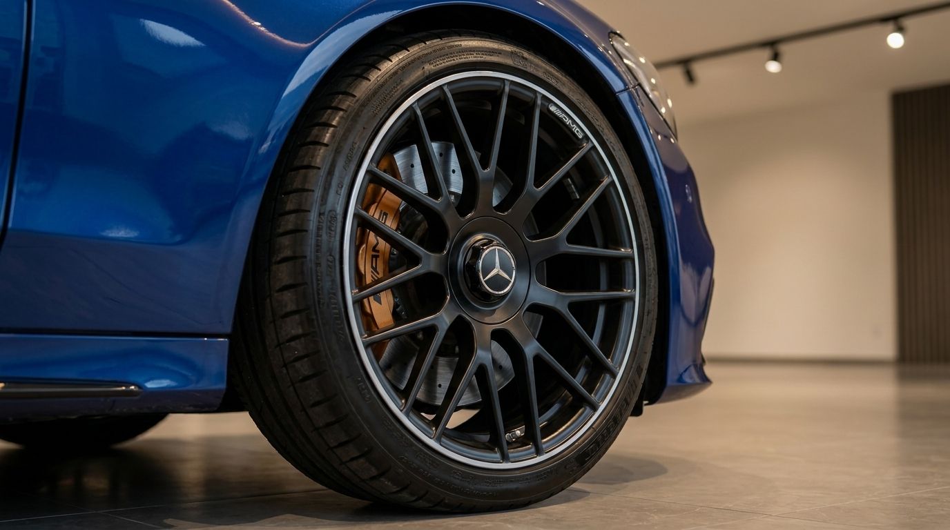 Close-up of the Mercedes-Benz C63S AMG's blue front fender, black multi-spoke wheel, and gold brake caliper in Zurich.