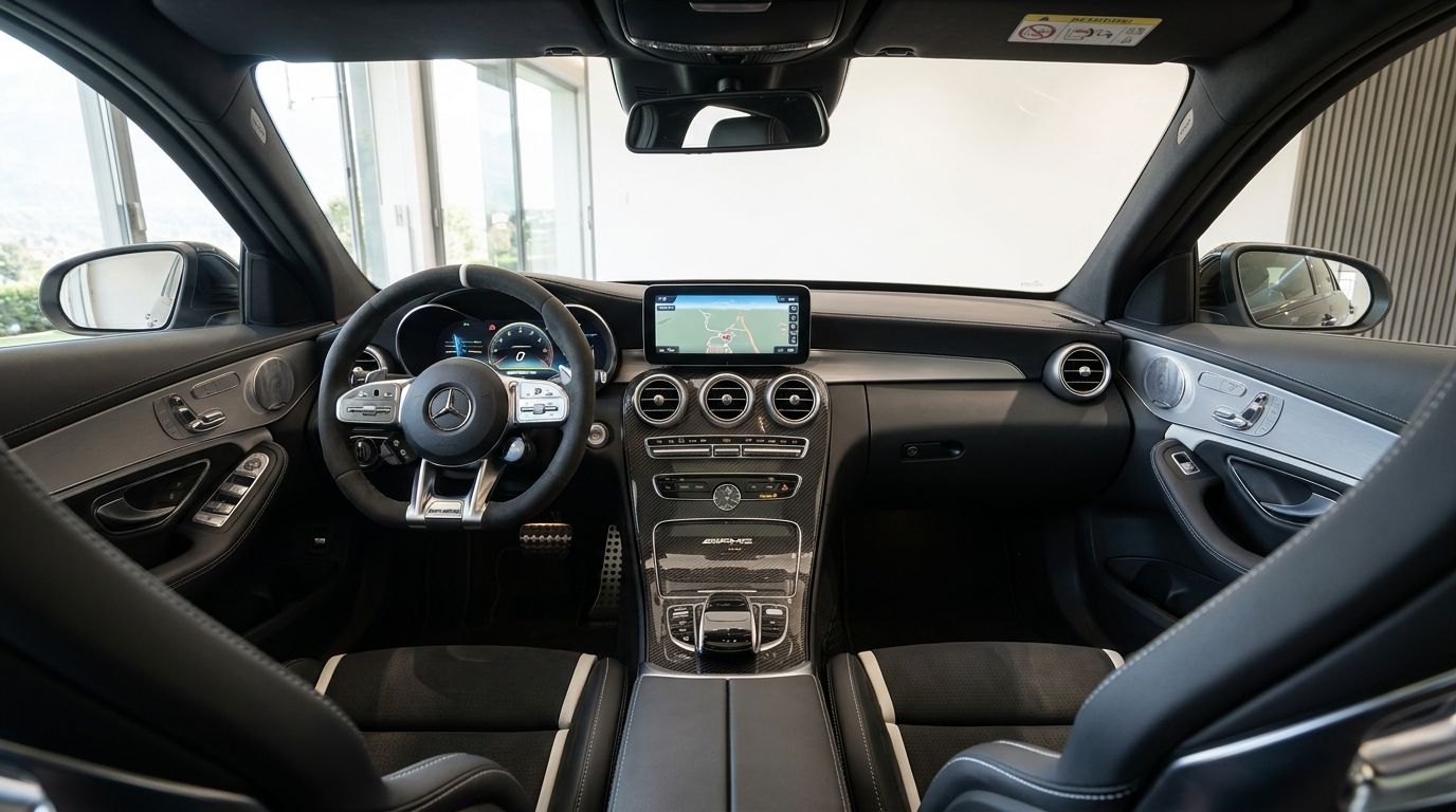 The interior of the Mercedes-Benz C63S AMG in Zurich, showing the dashboard, steering wheel, and infotainment screen.