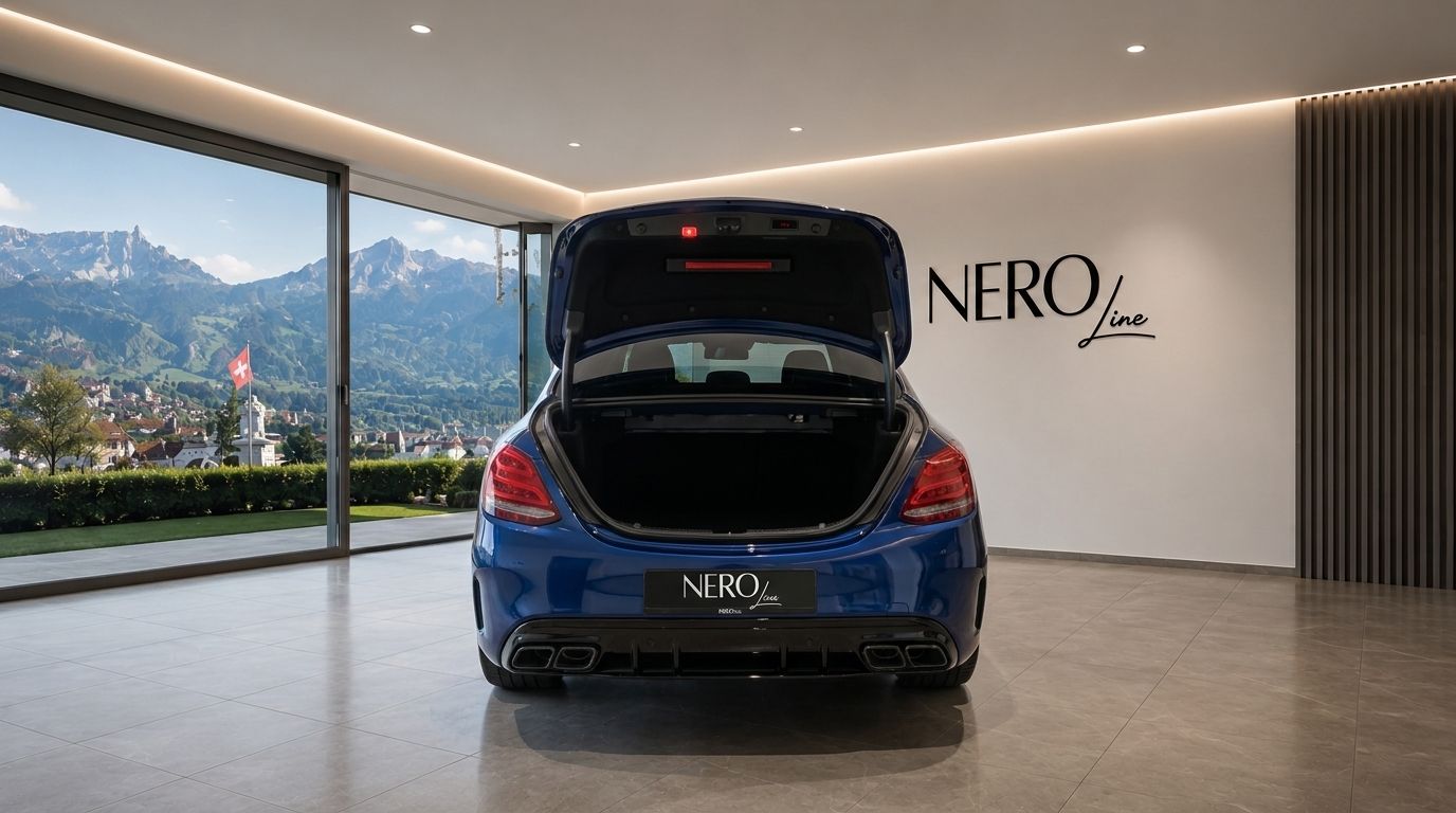 A blue Mercedes-Benz C63S AMG is shown from the rear with its trunk open, parked in a showroom overlooking the mountains of Zurich.