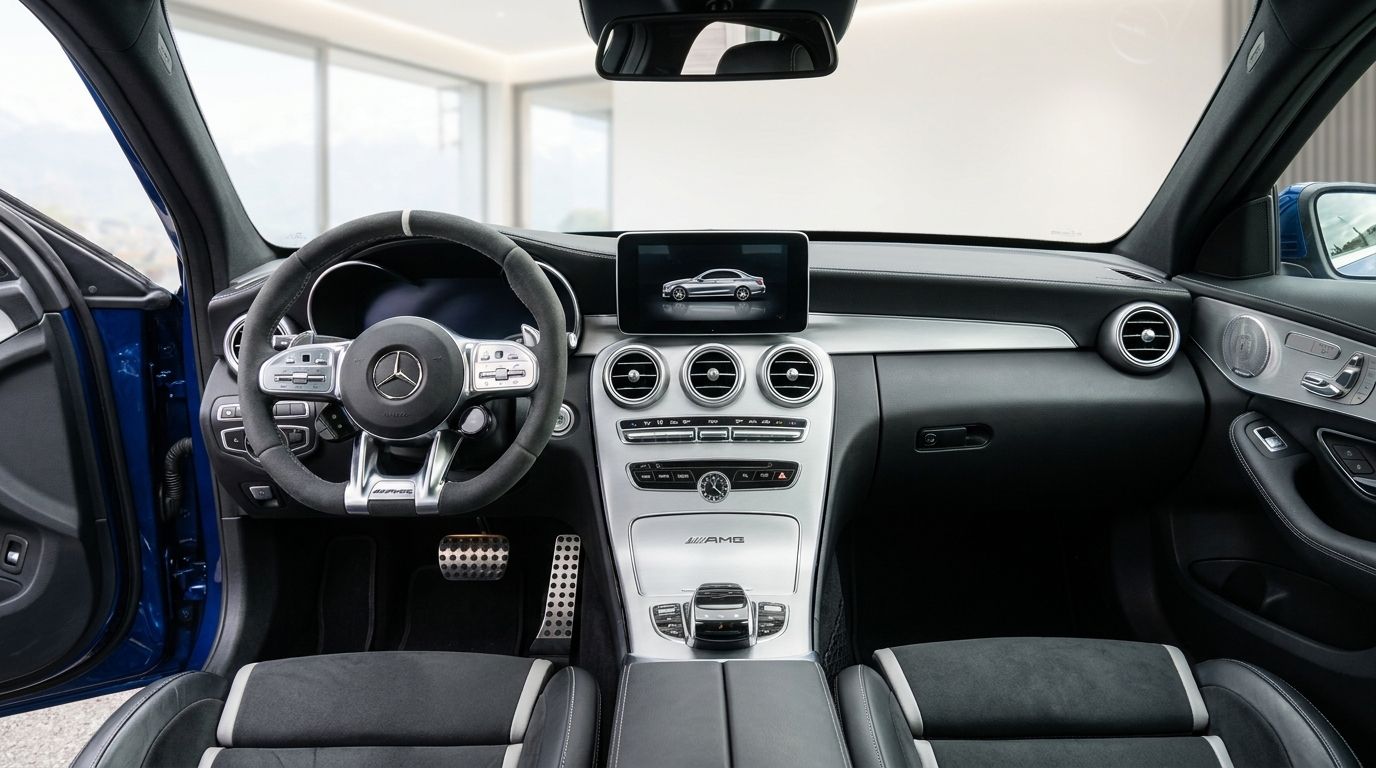 The Mercedes-Benz C63S AMG cockpit in Zurich, featuring the steering wheel, dashboard, and infotainment screen.
