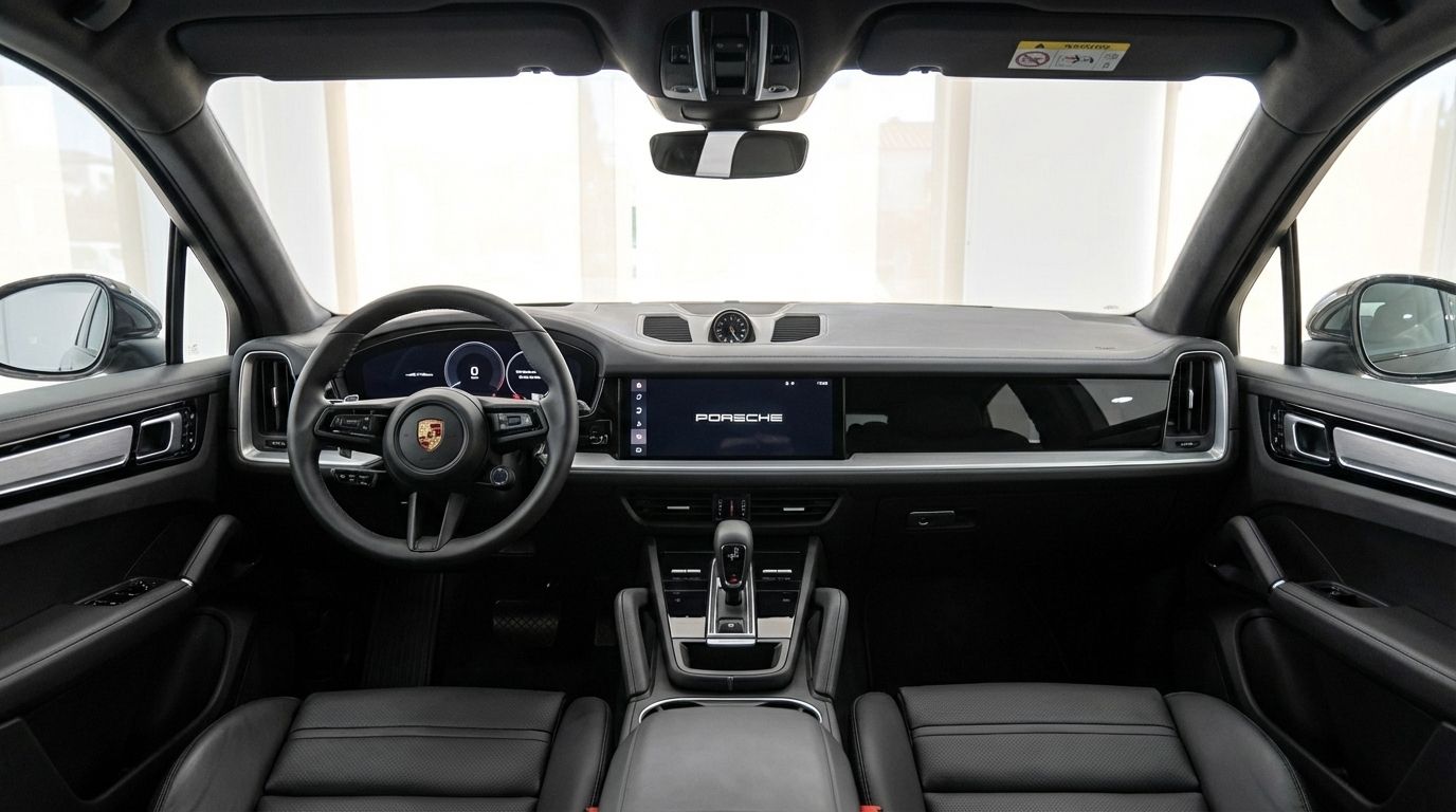 The luxurious black interior of the 2025 Porsche Cayenne Coupe in Marbella, featuring the steering wheel, dashboard, and infotainment screen.