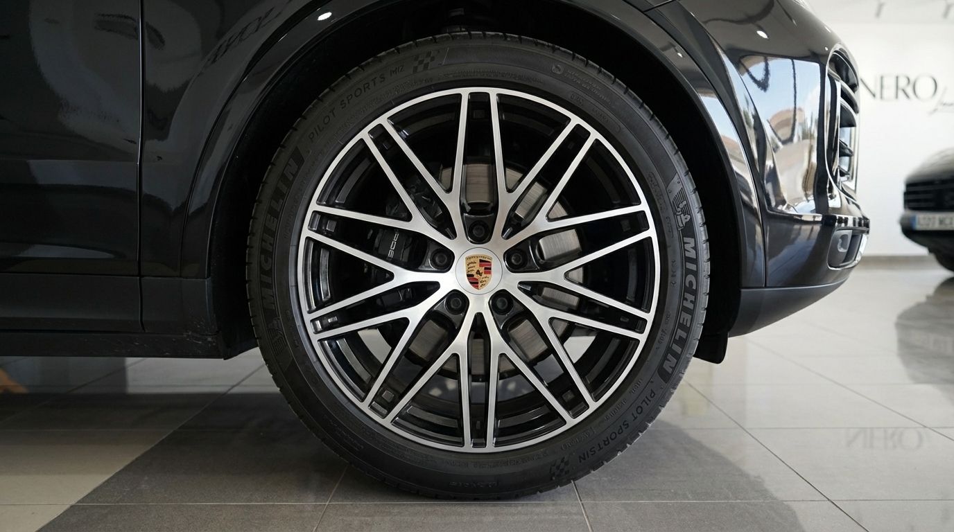 The front wheel and multi-spoke rim of the black Porsche Cayenne Coupe are prominently displayed in Marbella.