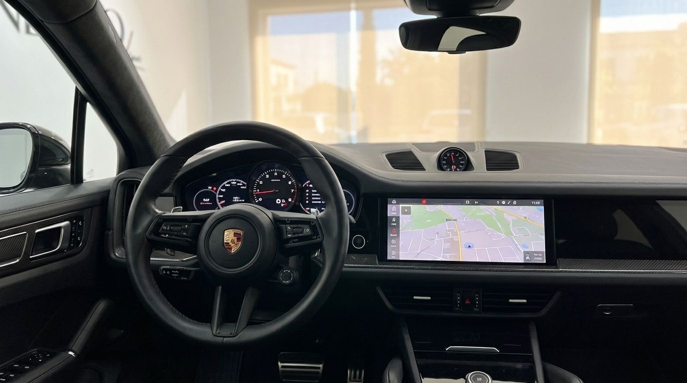 The luxurious black interior of the 2025 Porsche Cayenne Coupe in Marbella, showcasing the steering wheel, dashboard, and infotainment screen with navigation.
