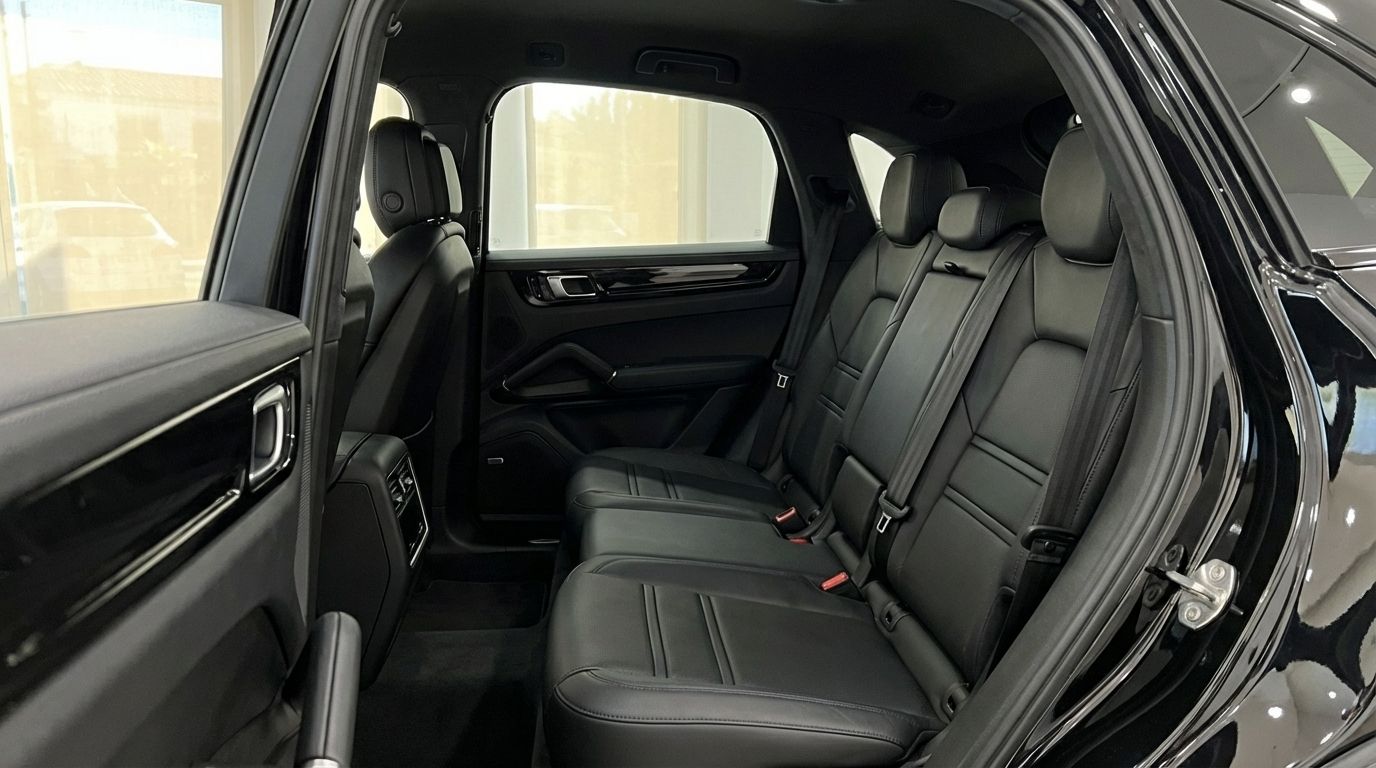 The luxurious black leather rear seats and interior of the Porsche Cayenne Coupe are visible, ready for passengers in Marbella.