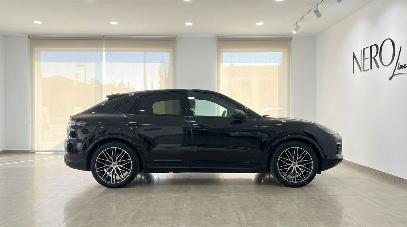 A sleek black Porsche Cayenne Coupe is showcased from its side profile inside a modern showroom in Marbella, featuring large windows and the NERO Line logo.