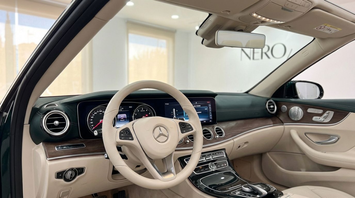 The interior cockpit of the Mercedes-Benz E300 Cabrio in Alicante, showing the beige steering wheel and dashboard.