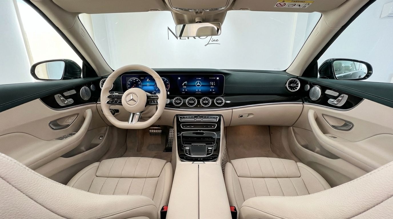 The luxurious interior of the Mercedes-Benz E300 Cabrio in Alicante, featuring a modern dashboard, steering wheel, and light beige leather seats.