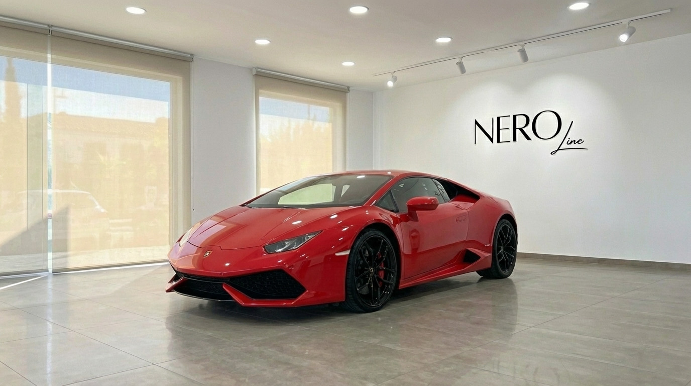 Lamborghini Huracan LP610-4 — Showroom en Madrid El Lamborghini Huracan LP610-4 rojo de carreras se exhibe desde un ángulo frontal tres cuartos en una moderna sala de exposición en Madrid.