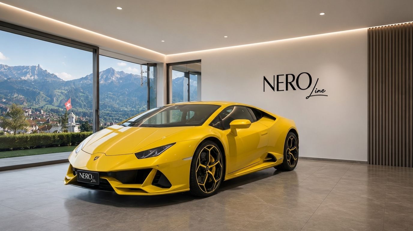 A vibrant yellow Lamborghini Huracan EVO RWD is showcased in a modern Zurich showroom with panoramic Swiss Alps views.