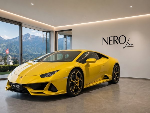 Lamborghini Huracan EVO RWD — Zurich showroom A vibrant yellow Lamborghini Huracan EVO RWD is showcased in a modern Zurich showroom with panoramic Swiss Alps views.