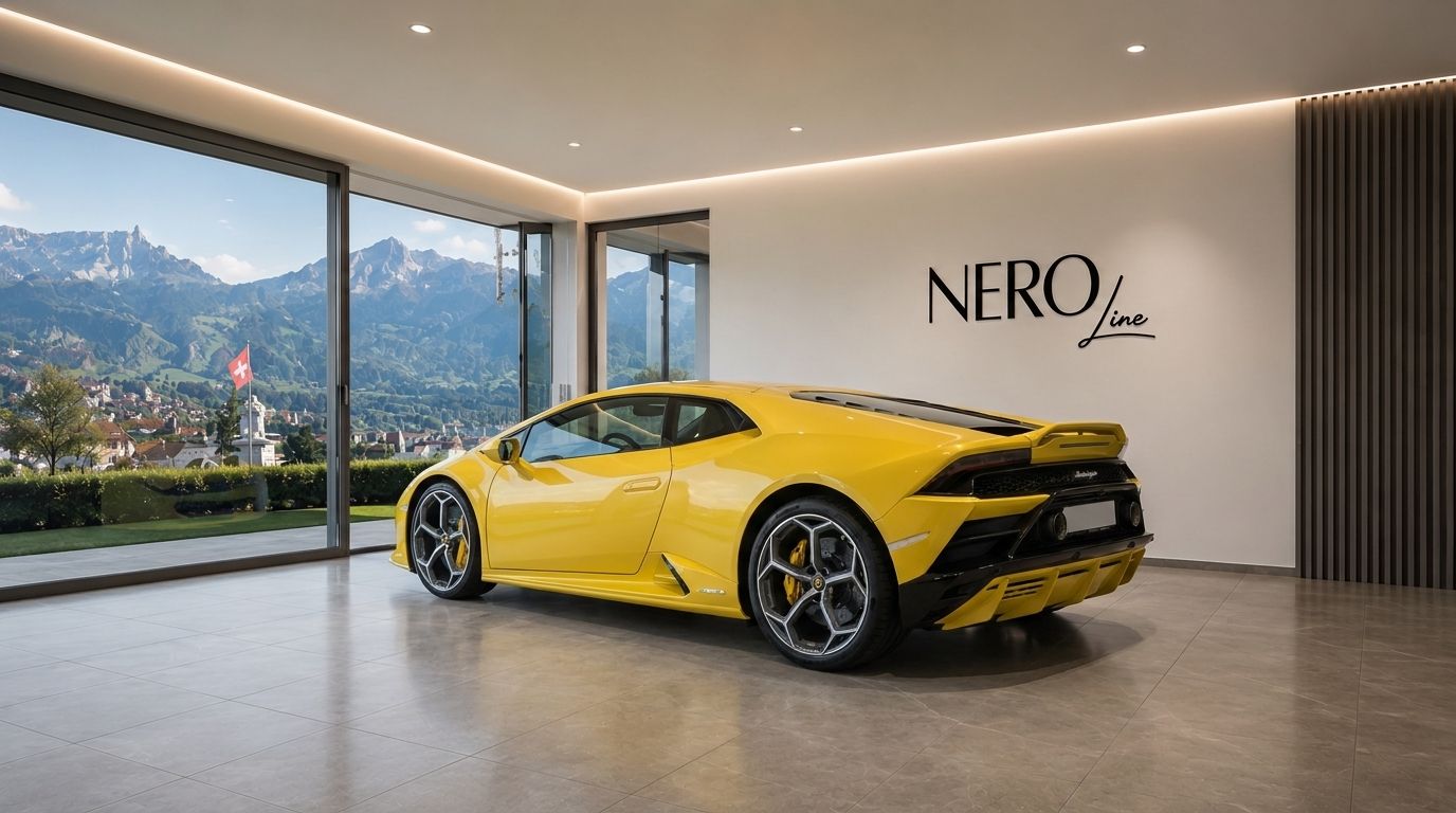 A yellow Lamborghini Huracan EVO RWD is parked in a modern showroom with large windows overlooking the mountains of Zurich.