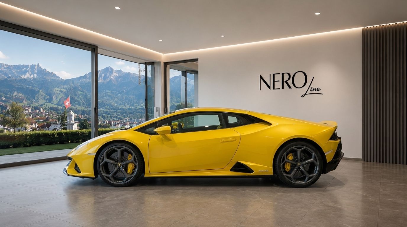 A yellow Lamborghini Huracan EVO RWD is parked indoors, showcasing its sleek side profile against a panoramic Zurich mountain view.