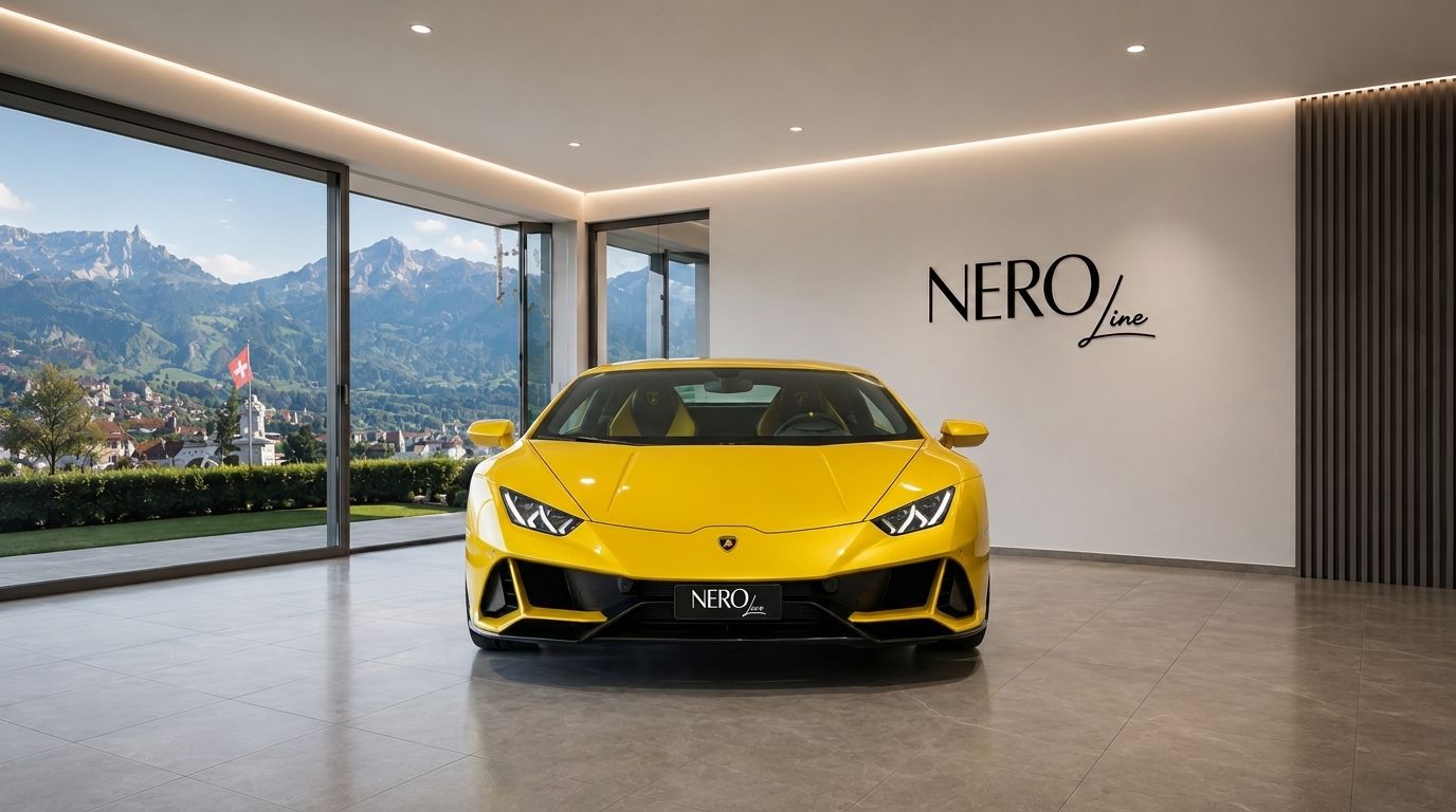 A striking yellow Lamborghini Huracan EVO RWD is showcased front-on in a modern Zurich showroom with mountain views.