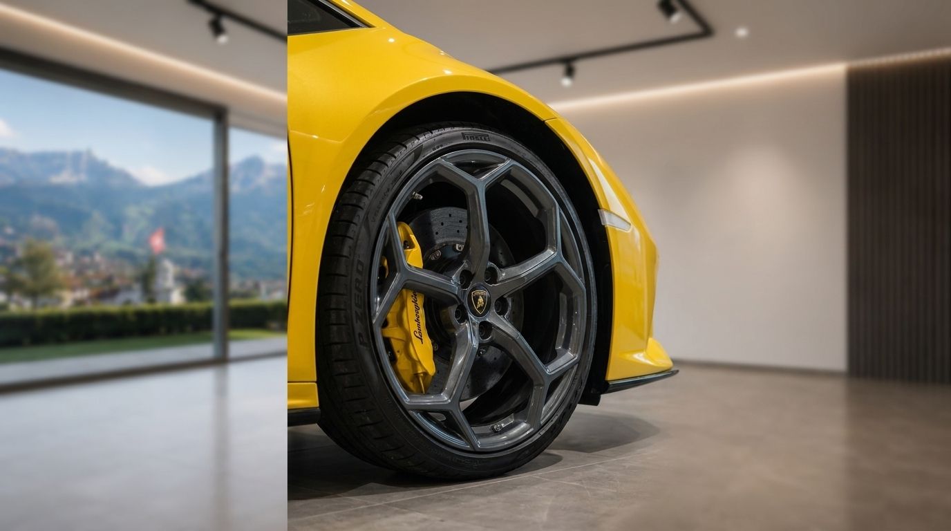 The yellow Lamborghini Huracan EVO RWD's front wheel and yellow brake caliper are visible in a Zurich showroom, with mountains outside.