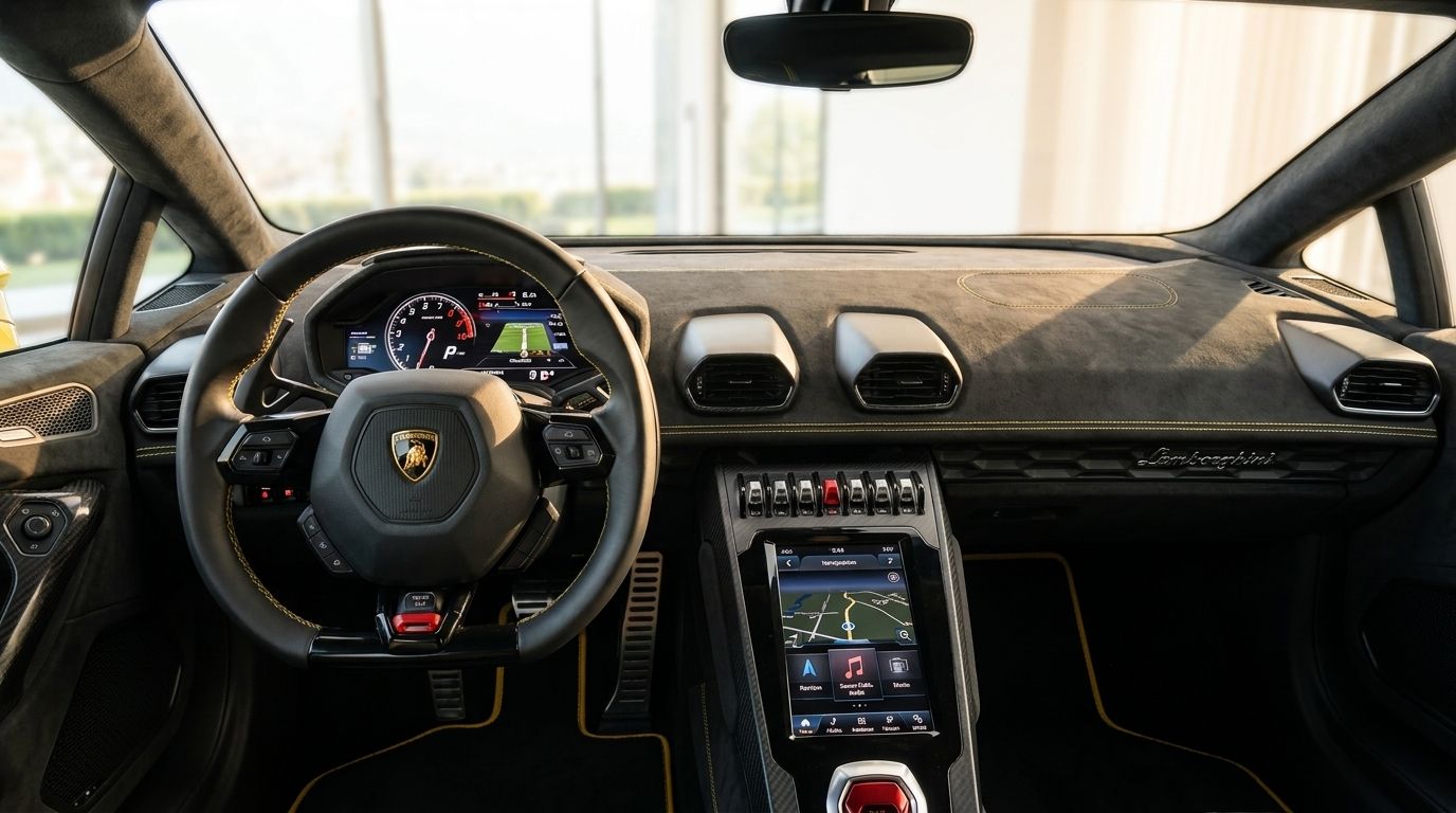 The luxurious interior of the Lamborghini Huracan EVO RWD in Zurich, featuring its advanced digital cockpit and central touchscreen.