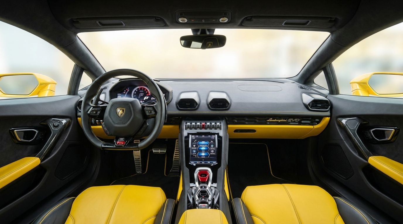 The luxurious black and yellow interior of the Lamborghini Huracan EVO RWD, featuring its dashboard and steering wheel in Zurich.