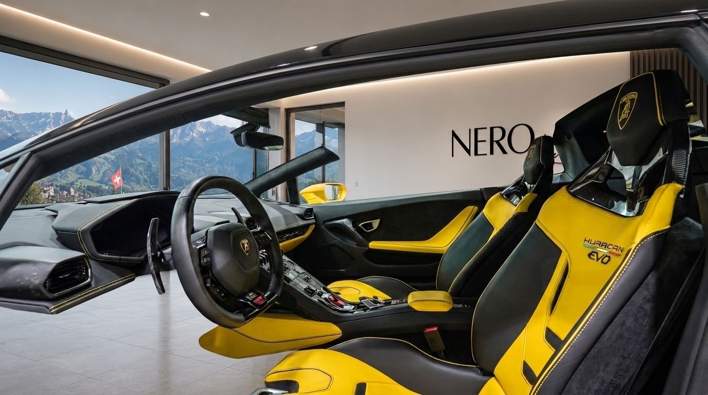 Interior of a Lamborghini Huracan EVO RWD with black and yellow seats, steering wheel, and dashboard, overlooking mountains in Zurich.