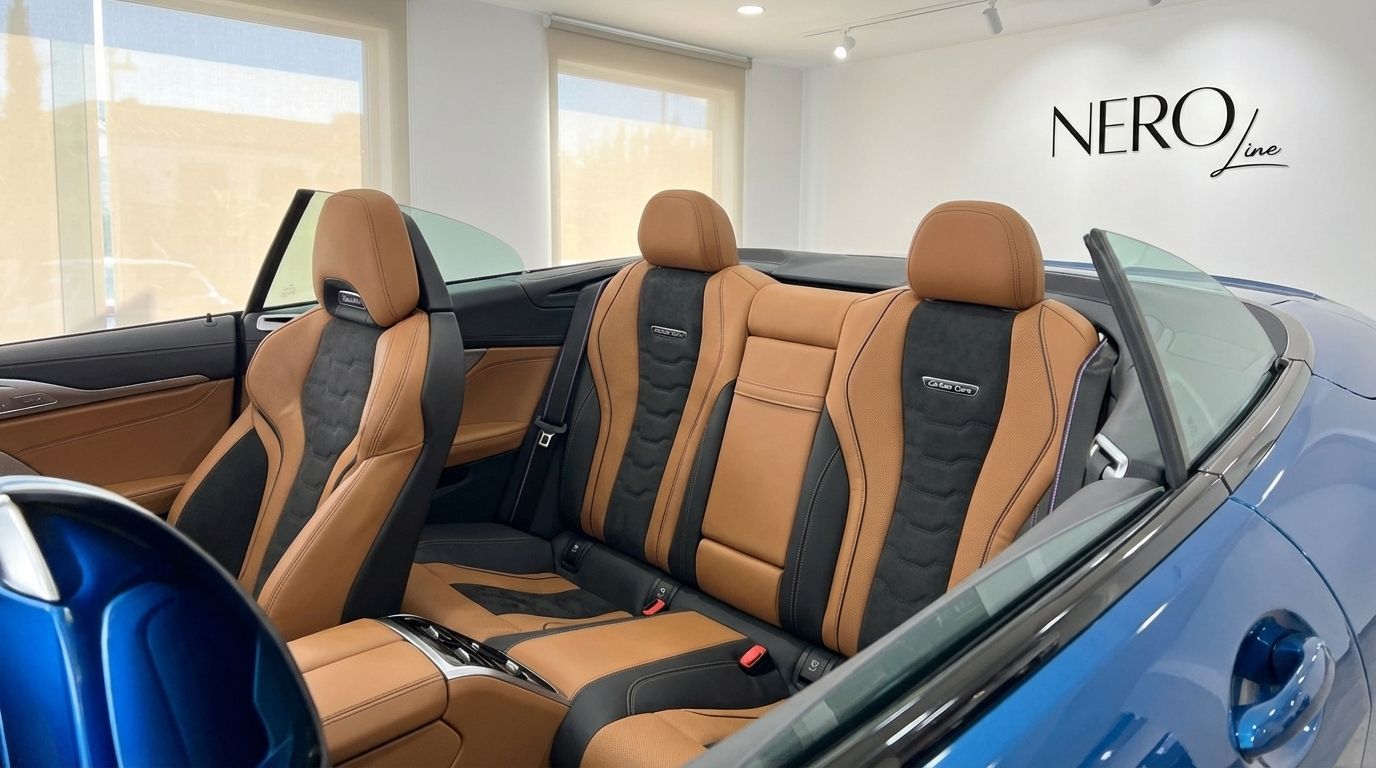 The BMW M850i Carbon Core Edition convertible showcases its luxurious tan and black leather interior seats in Alicante.