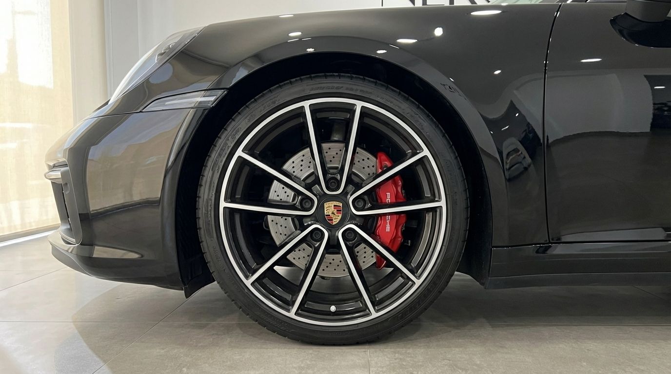 Close-up of the black Porsche 911's front wheel, showcasing the multi-spoke rim and red brake caliper in Malaga.