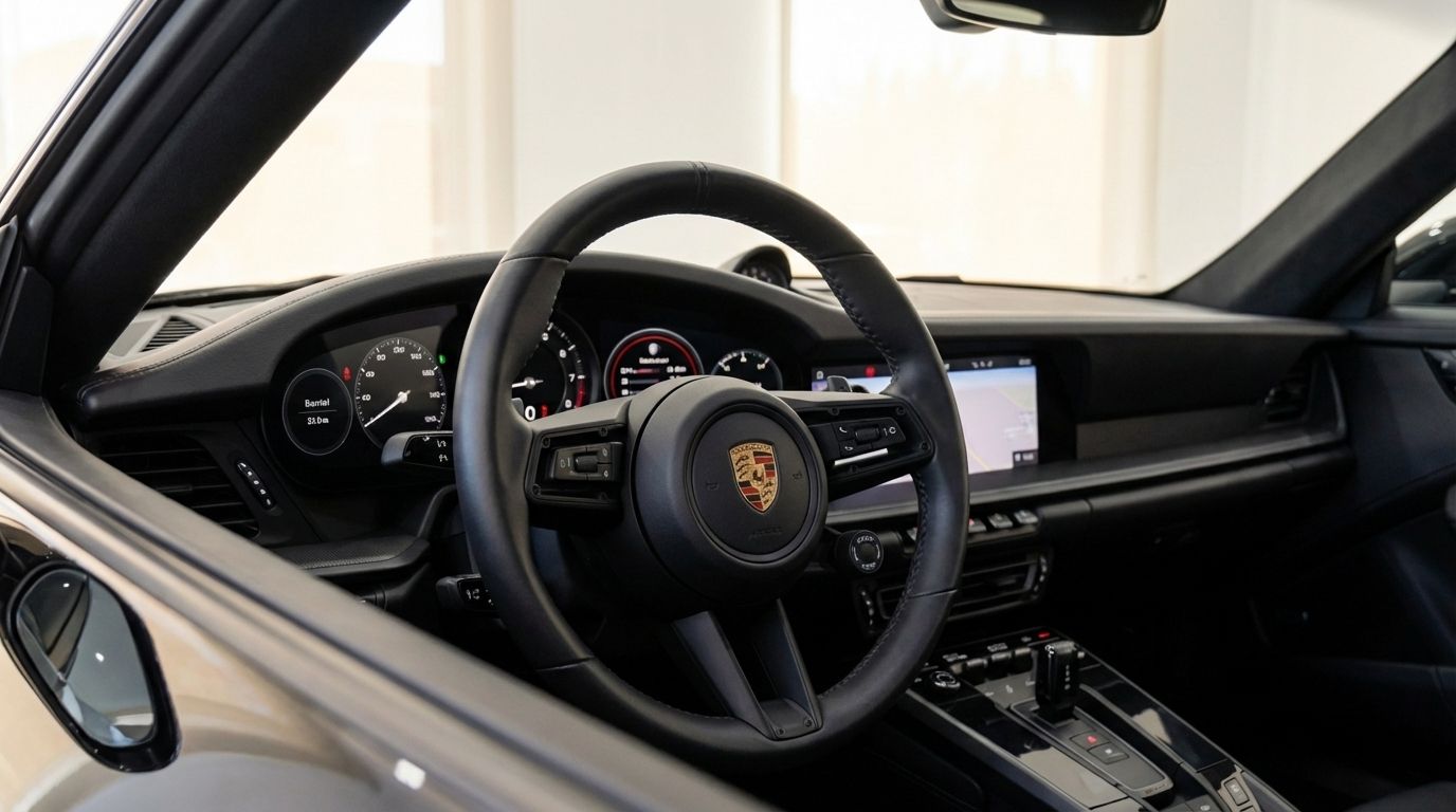 The luxurious black interior of the Porsche 911, showcasing the steering wheel and dashboard in Malaga.