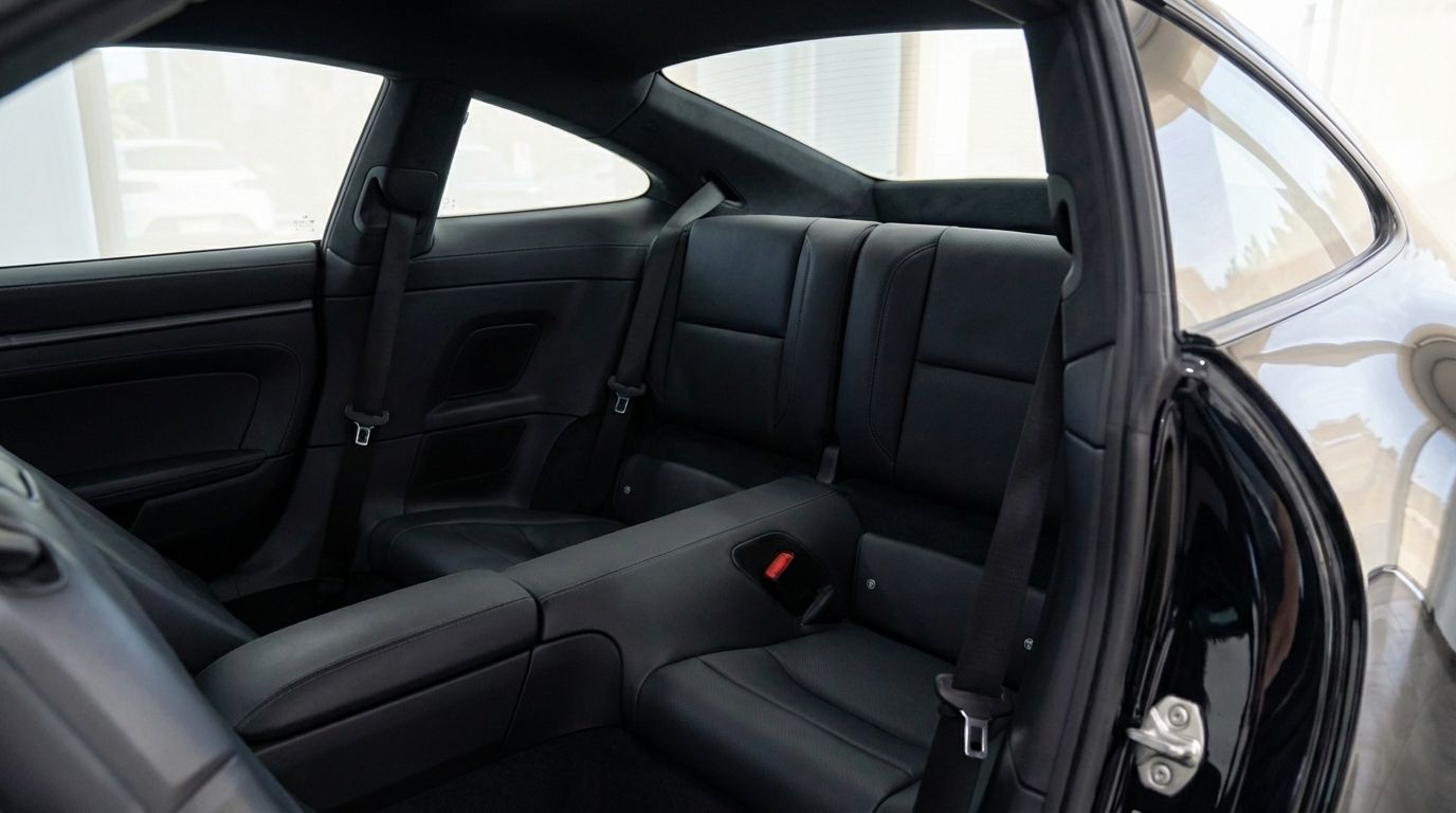View of the luxurious black leather rear seats and interior of the Porsche 911 available for rent in Malaga.