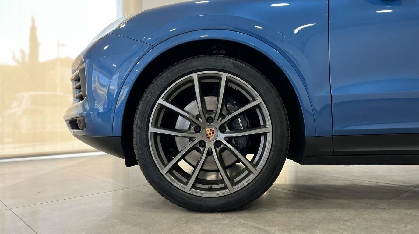 A close-up view of the blue Porsche Cayenne's front left wheel and fender, showcasing the alloy rim and brake caliper in Mallorca.