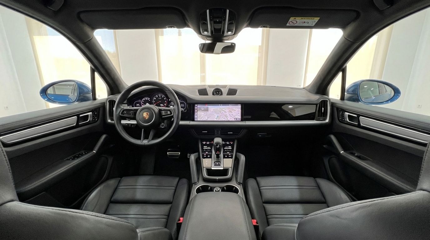 The luxurious black leather interior of the Porsche Cayenne in Mallorca, showcasing the detailed dashboard, steering wheel, and central console.