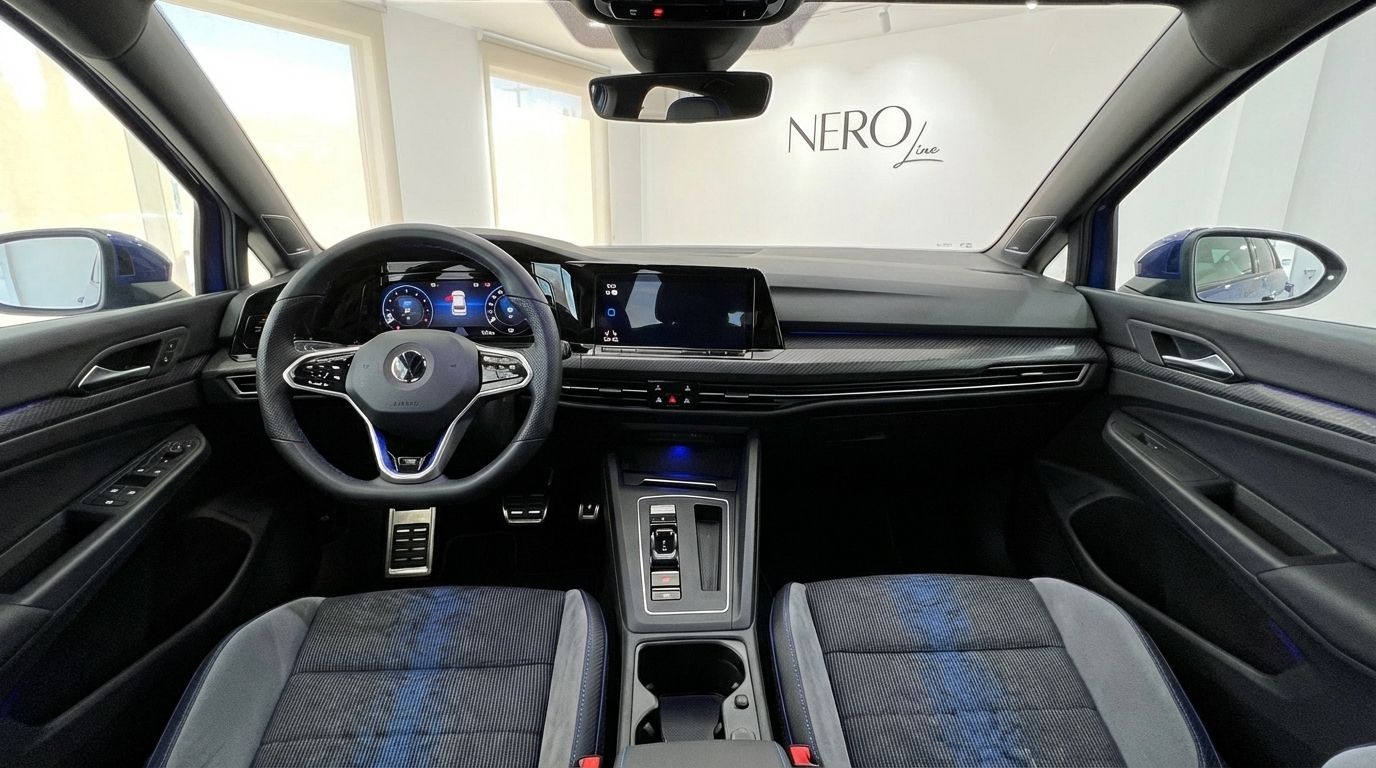 The detailed interior of the Volkswagen Golf R, featuring the steering wheel, digital cockpit, infotainment screen, and front sports seats in Marbella.