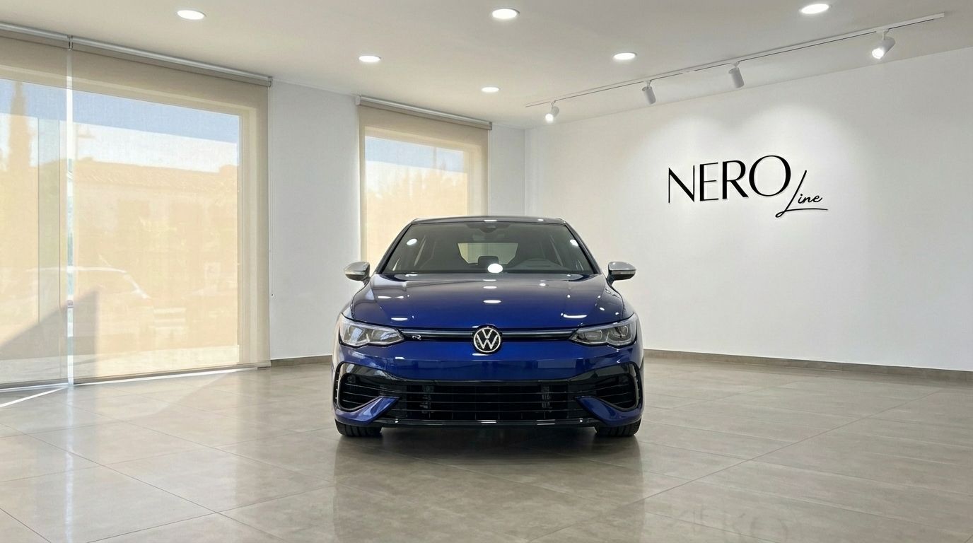 The metallic blue 2023 Volkswagen Golf R is showcased from a direct front view in a bright showroom in Marbella.
